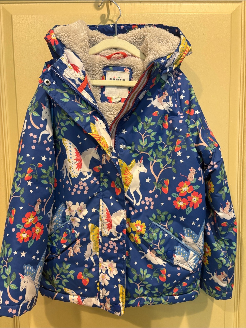 Mini Boden Navy Unicorn & Floral Hooded Puffer Jacket
